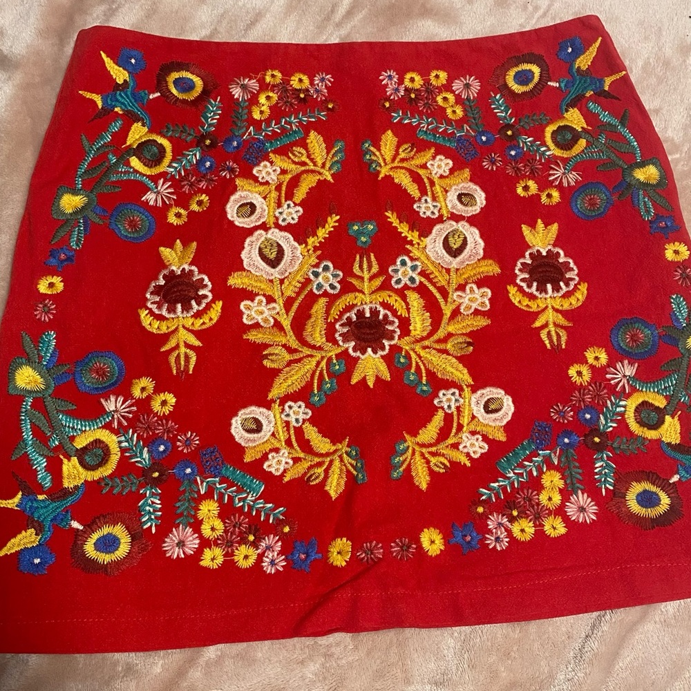 Boutique red embroidered floral skirt
